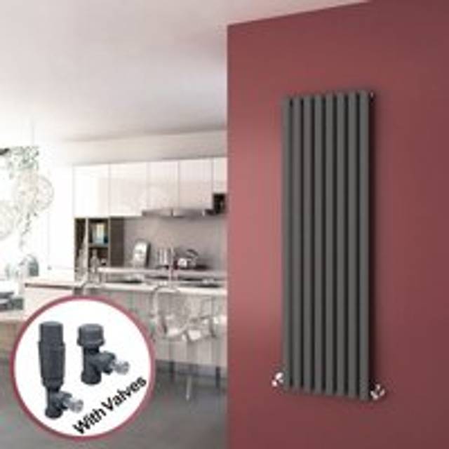 ELEGANT Vertical Column Designer Radiator Anthracite Oval Single Panel Rad 1600 x 472mm + Thermostatic Radiator Valves