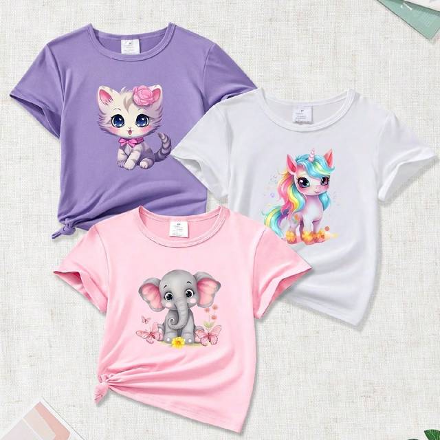 SHEIN Young Girl 3pcs Cute Animal Print Casual Short Sleeve T-Shirt For Summer