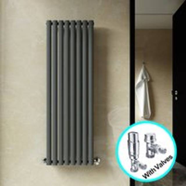 Elegant - Central Heating Radiator 1600 x 472mm Vertical Anthracite Single Panel Oval Column Rad + Chrome Thermostatic Radiator Valves