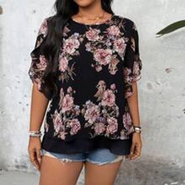 Plus Size blommig färgblock rundhalsad blus med flytande ärmar, för sommaren - Multifärgad (0XL,1XL,2XL,3XL,4XL,5XL)