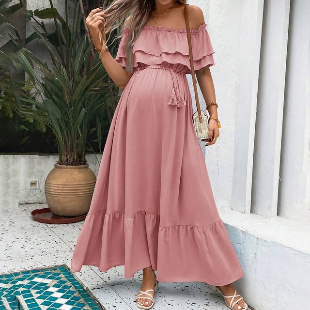 SHEIN Solid Color Ruffle Maternity Ruffled Holiday Dress