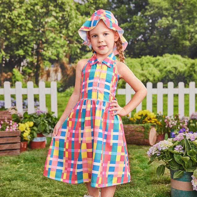 SHEIN Young Girl Holiday Sleeveless Halter Plaid & Floral Print Dress With Collar & Cinching Waist And Hat For Summer