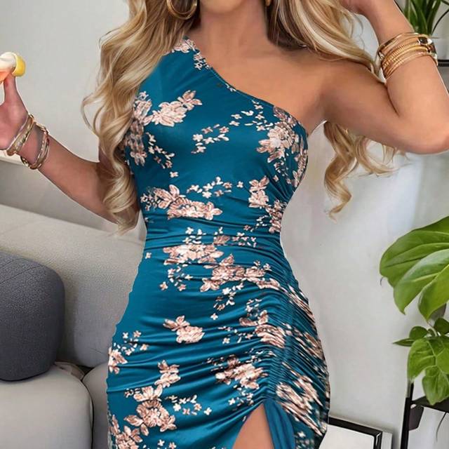 Calvaya Summer Floral Print Asymmetrical Asymmetrical Neck Dress With High Slit Cut And Asymmetrical Hem Maxi Women Outfit