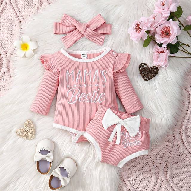 SHEIN Baby Girl Summer Long Sleeve Ribbed Bodysuit Set With Embroidery, 3pcs