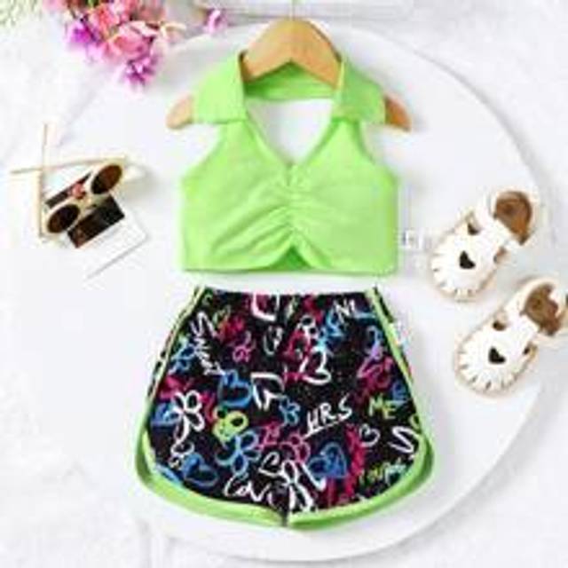 Sommar Bebis Flicka Stickad Enfärgad Veckade Ärmlös Topp Och Graffiti Tryckt Stickad Shorts Set - Grön (6-9M,9-12M,12-18M,18-24M,2-3Y,3-6M)