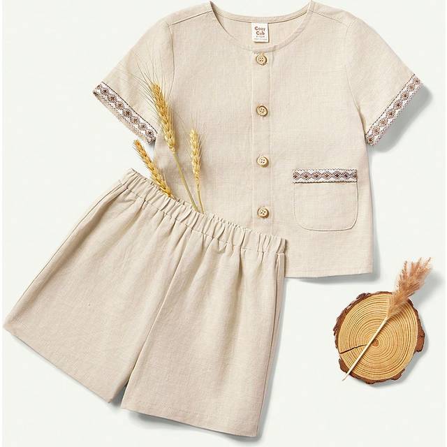 Cozy Pixies Baby Boy Summer Decorative Woven Tape Round Neck Short Sleeve Cardigan And Casual Shorts Two-Piece Outfits