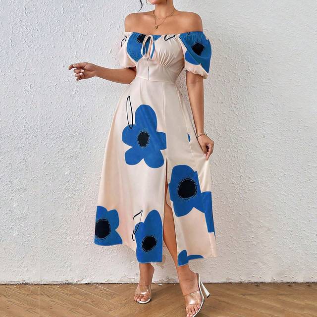 SHEIN Floral Print Short Sleeve Dress With Chest Fold And High Low Hem, Summer Maxi Women Outfit