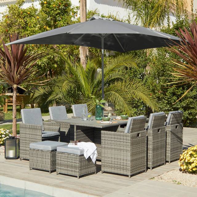 Nellwyn Rectangular 10 - Person 167cm Long Dining Set with Cushions & Parasol - Grey (10)
