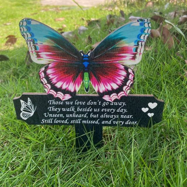 SHEIN 1pc Memorial Plaque For Grave, Colorful Butterfly Waterproof Wooden Burial Headstone Marker For Garden, Butterfly Memorial Stake For Outdoor Cemetery