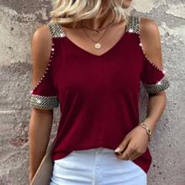 Sommar kall axel T-shirt med pärlor dekoration Patchwork grafiska T-shirts Dam toppar - Bourgogne (L,M,S,XL)