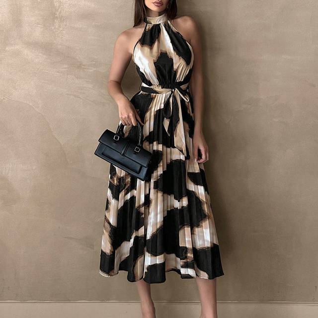 SHEIN Women&#39;s Casual & Office Leopard Print Pleated A-Line Dress With Halter Neck
