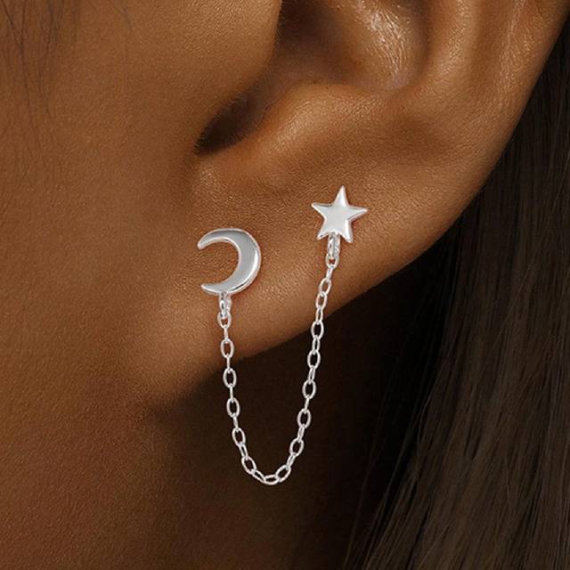 SHEIN 1Pair 925 Sterling Silver Dainty Moon Star Stud Earrings Double Studs Chain Tassel Piercing Earring Jewelry Gifts For Women Daily Wear Wedding Party E