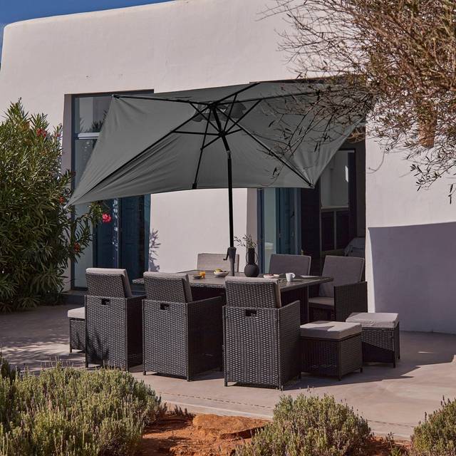 Nellwyn Rectangular 10 - Person 167cm Long Dining Set with Cushions & Parasol - Black (10)