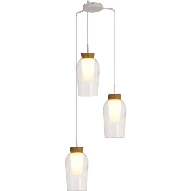 Mantra M8276 Nora 3 Light Round Pendant White/Wood/Clear Glass With Fr