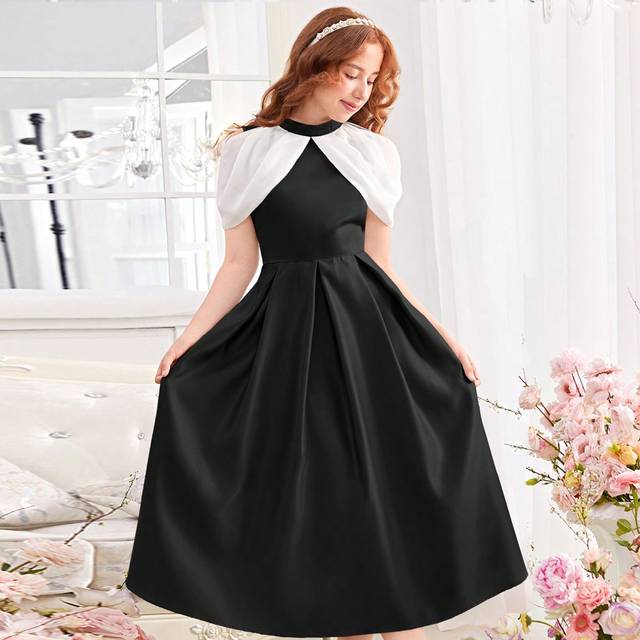 SHEIN Teen Girl Satin Stand Collar Waist-Hugging A-Line Colorblock Dress With Cap Sleeves GraduationÂDress