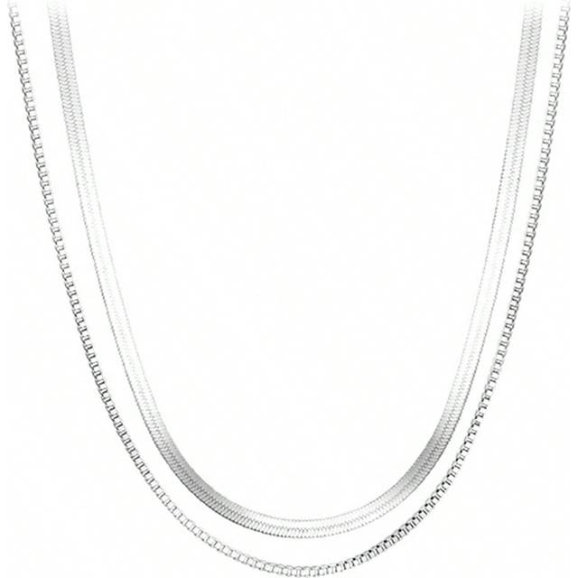 FOREVER QUEEN 1PC 925 Sterling Silver Double Layer Choker Necklace For Women Girls Snake Chain & Box Chain Necklace Fashion Jewelry For Gift