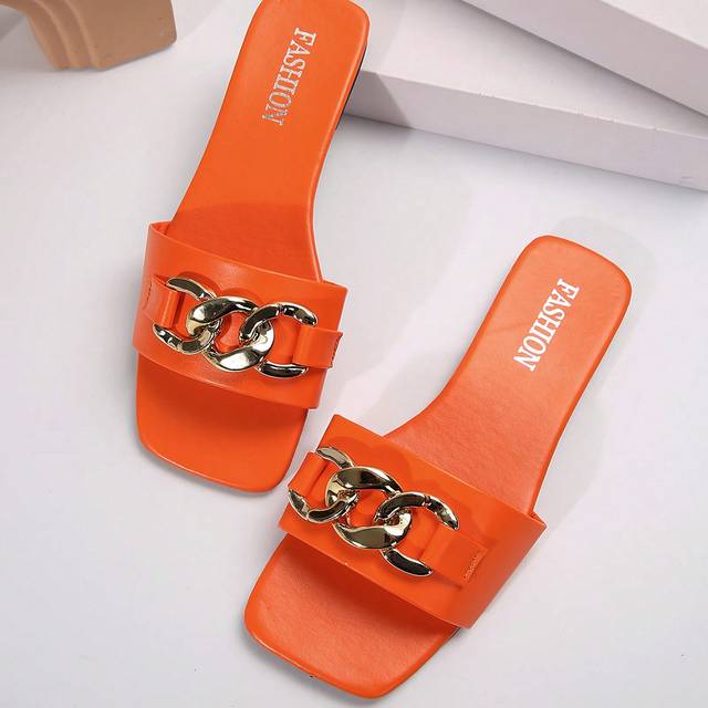 SHEIN 1 Pair Women&#39;s New Square Toe Summer Sandals - With Fashionable Metal Buckle Decor - Suitable For Party & Beach Wear - Elegant Flat Women&#39;s Slip On Sa