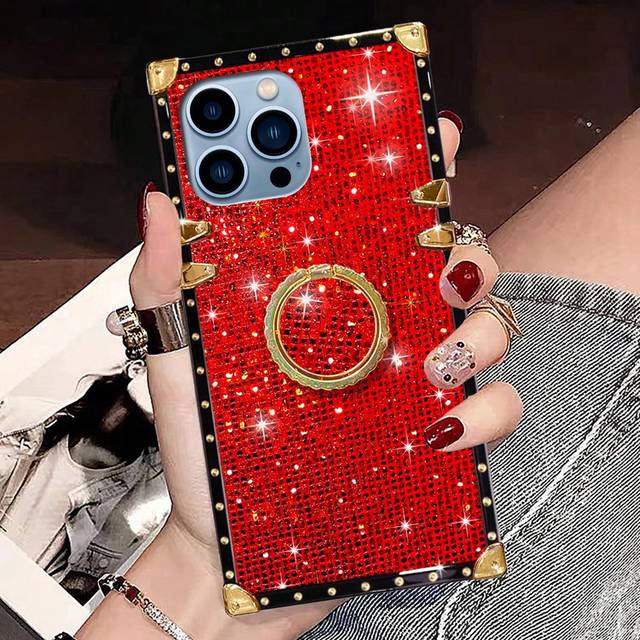 SHEIN 1pc Shiny Glitter Pattern Rectangle Branded Shockproof & Kickstand Phone Case With Ring Holder, Compatible With IPhone 16 Pro Max/15 Plus, Galaxy S25