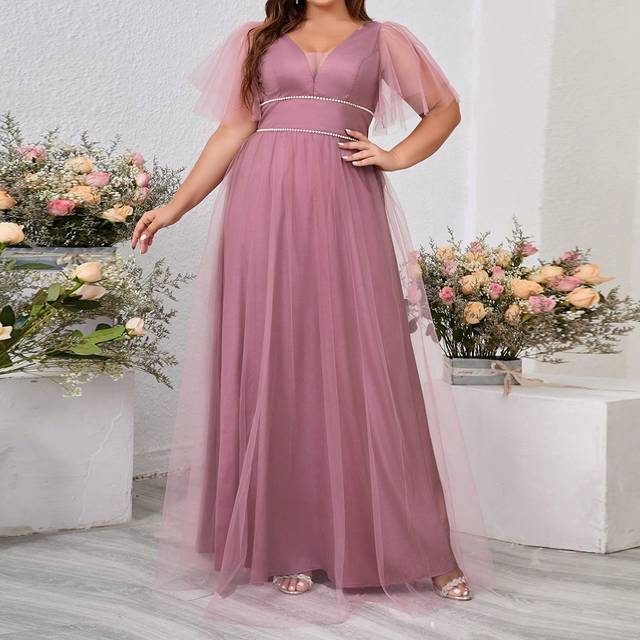 SHEIN Women&#39;s Romantic Lotus Pink Mesh Fabric Deep V-Neck Double Flounce Sleeve Pearl Chain Ribbon Decoration Waist Section Puffy Dress A-Line Suitable For