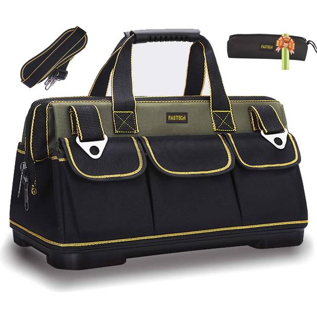 FASTECH 15-inch Wide Mouth Tool Bag with Water Proof Molded Base Wide Mouth Tool Tote Bag Waterproof Tool Organizer Bag for Men with Adjustable Should