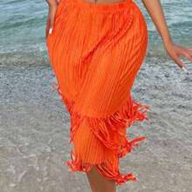 Orange Sommar Vår Semester Semester Lång Strandkjol Sexig Festival Orange Kant med Fransdekor Veckade Maxi Kjolar (L,M,S,XS)