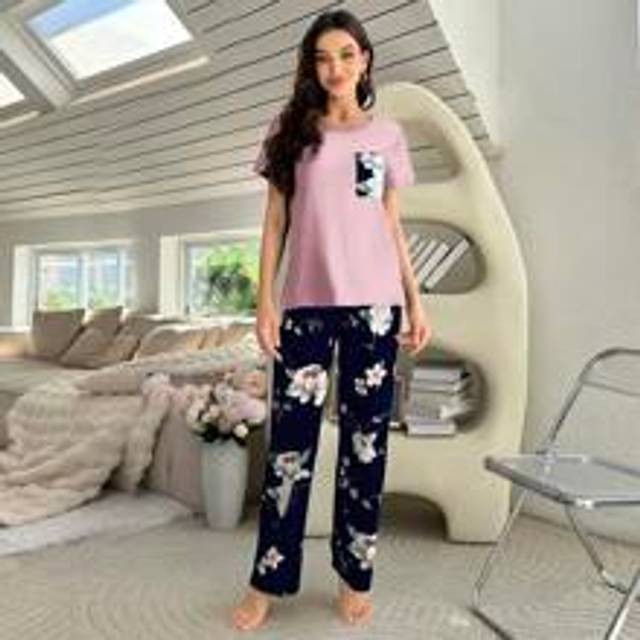 Färgblock blommig tryckt kortärmad och långa byxor Pyjamasset - Rosa (L,M,S,XL)