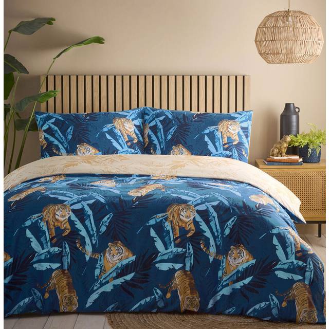 (Double) Blue Jungle Palm Leaf Tiger Duvet Set