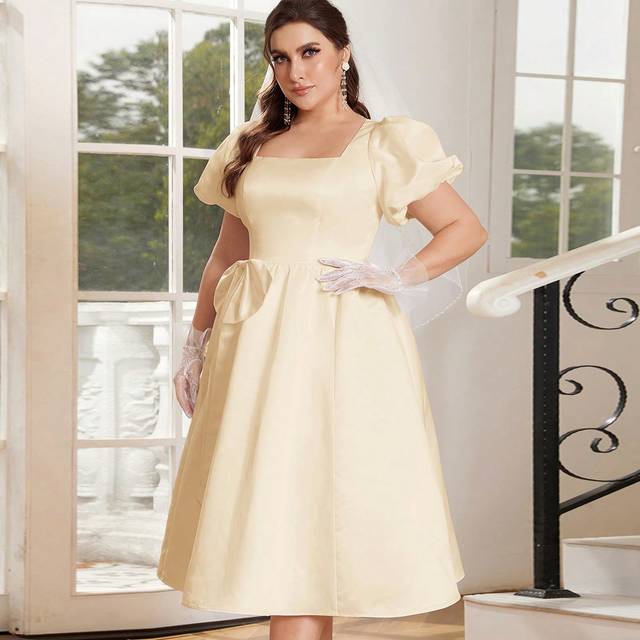 SHEIN Women&#39;s Plus Size Crop Princess TuTu Dress With Square Neckline And Big Bow, Perfect For Wedding Guests
