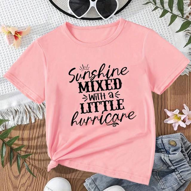 SHEIN Young Girl Fashionable Short Sleeve T-Shirt With Letter Slogan And Printed Design