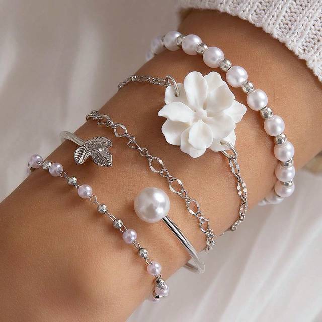 imoli 5pcs White Simple Alloy Pearl Bead Leaves & Flowers Chain Silver Bracelet Set For Women, Handmade (The Size Is Cut According To The Customer, The Numb