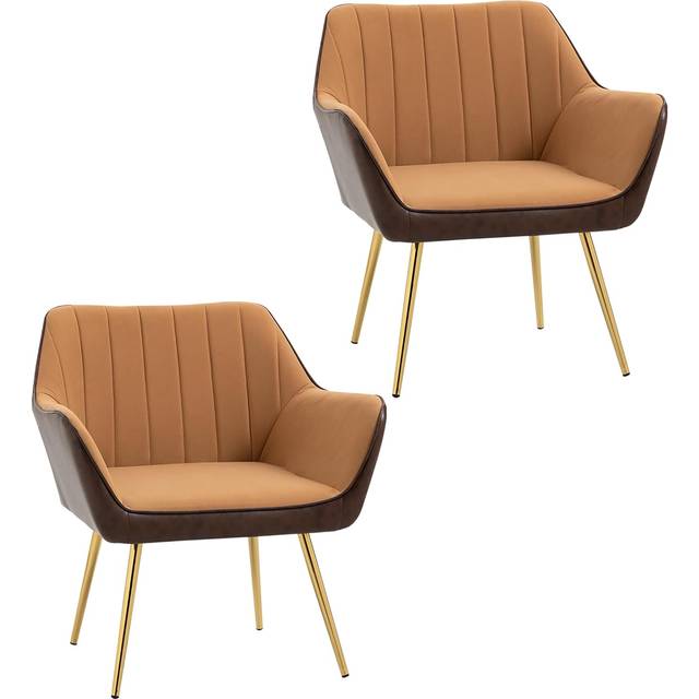 HOMCOM Velvet Armchairs, Upholstered Accent Chairs w/ Golden Steel Legs, Modern Vanity Chairs for Living Room, Set of 2, Light Brown Aosom UK