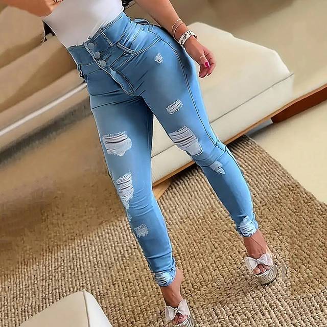 SHEIN Slim Fit High Waist Sexy Women Denim Jeans,Ladies Pocket,Ripped,Zipper High Waist Skinny Long Light Wash Cotton Skinny Women Jeans,Spring/Fall,Casual