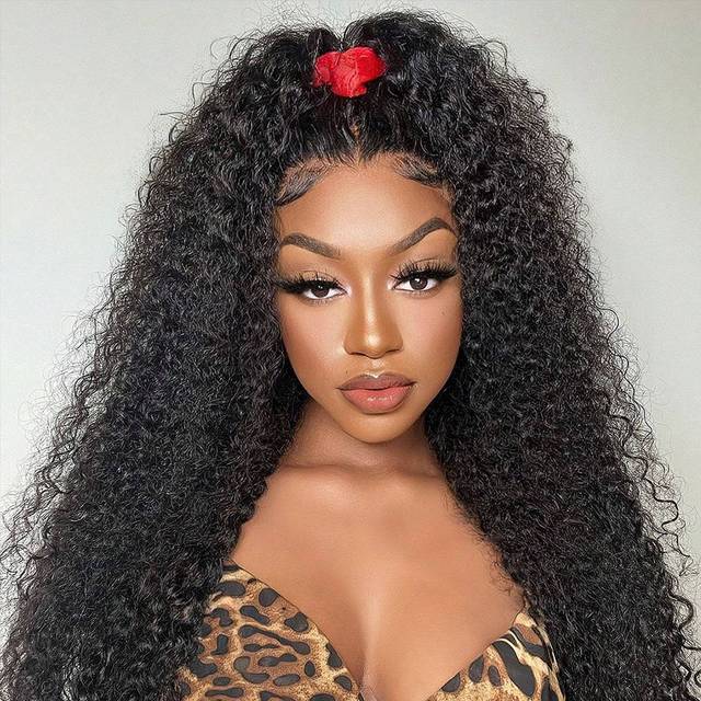 9AM Hair Transparent Lace Kinky Curly 4 X 4 Lace Closure Wig 180% Density 12-26 Inch Natural Black Color Pre-Plucked Natural HairlineÂ Lace Human Hair Top Qua