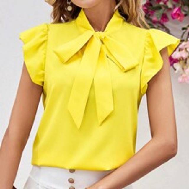 Dam sommar Elegant Bowknot Strap Flutter Sleeve Gul blus, ärmlösa toppar (L,M,S,XL,XS,XXL,XXS,XXXL,XXXXL)