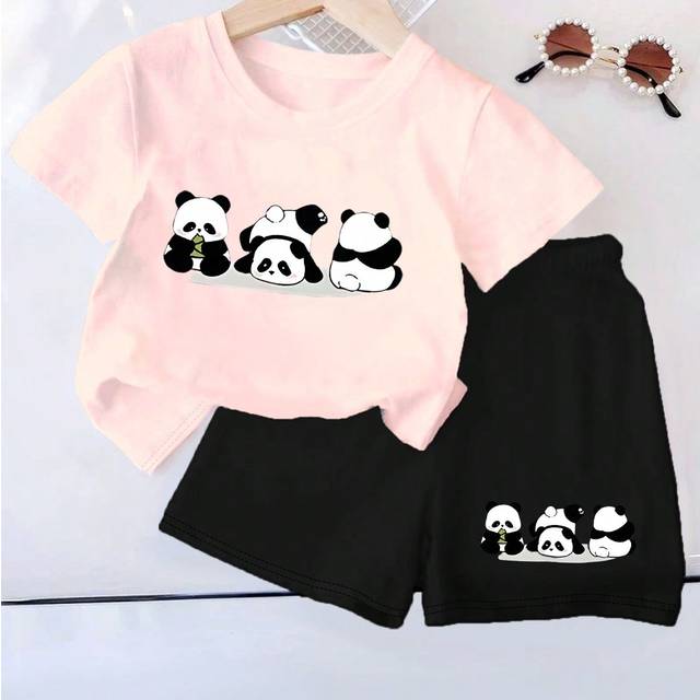 SHEIN 2pcs Baby Girls&#39; Cute Cartoon Panda Printed Casual Comfortable Round Neck Short Sleeve Top And Shorts Set, Summer Outfits