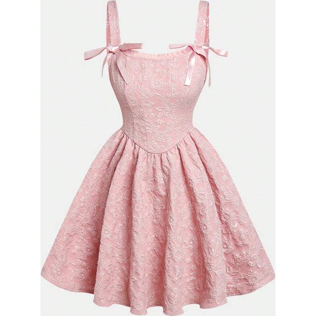 SHEIN Teen Girl Pink Woven Jacquard Cami Dress With Bowknot For Formal Occasions GraduationÂDress