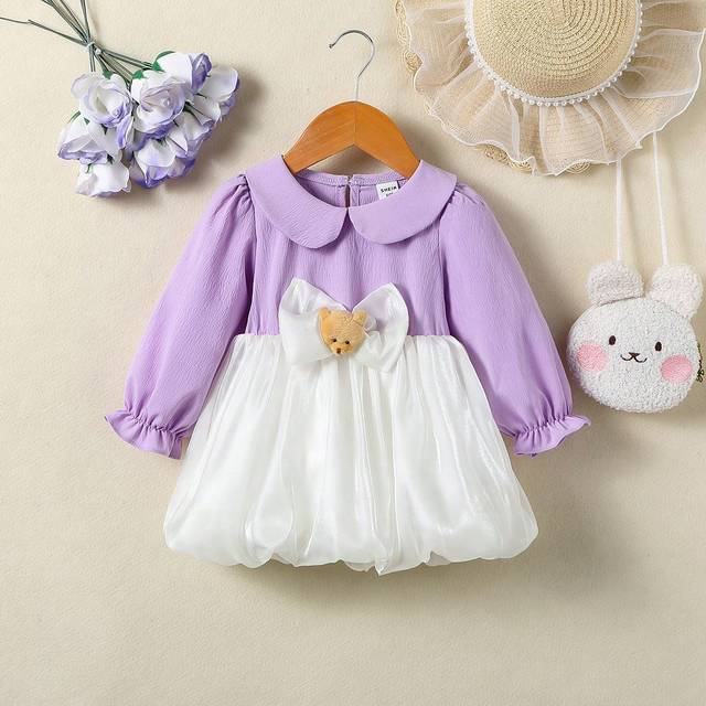 SHEIN Winged Collar Long Sleeve Dress With Bow Decorations For Baby Girls, Spring/Summer