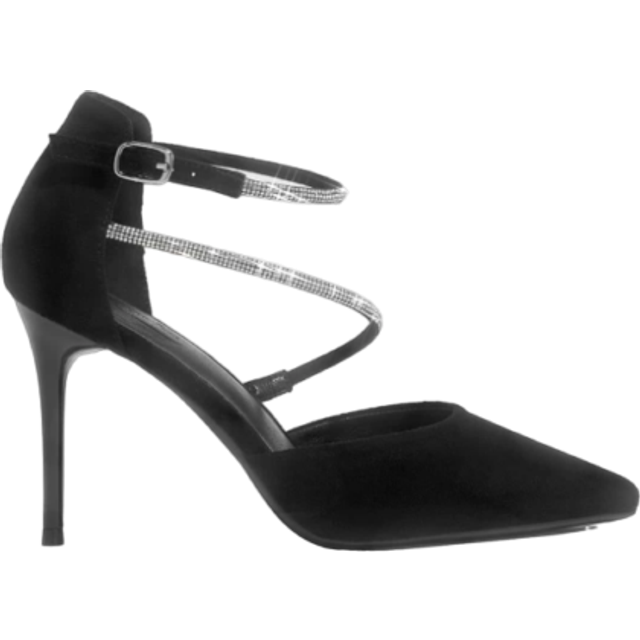 Cuccoo Woman Shoes Rhinestone Decor Point Toe Stiletto Heeled Ankle Strap Faux Suede Black Shoes For Summer Graduation Heels Prom Heels Vacation Shoes Summer