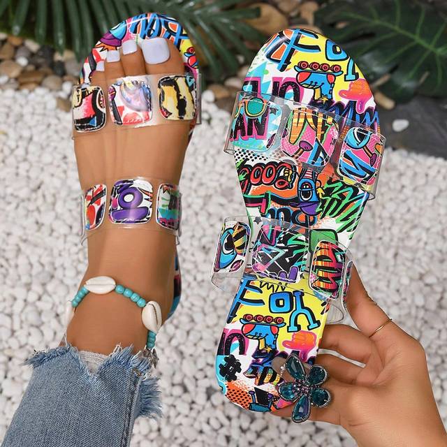 SHEIN Women Fashionable Round Toe Foreign Trade Large Size Open Toe Letter Print Graffiti Blue Transparent Strap Beach Flat Slipper