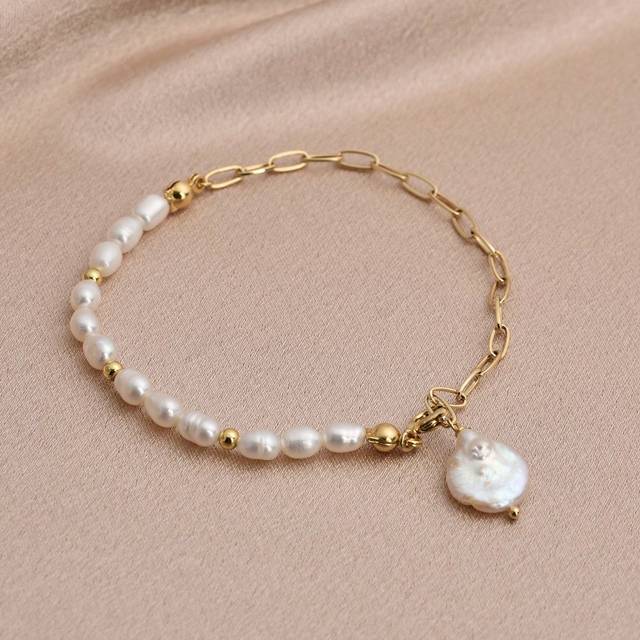 SHEIN 1pc 18K Gold Plated Natural Pearl Decor Adjustable Bracelet For Women, Suitable For Daily Wear