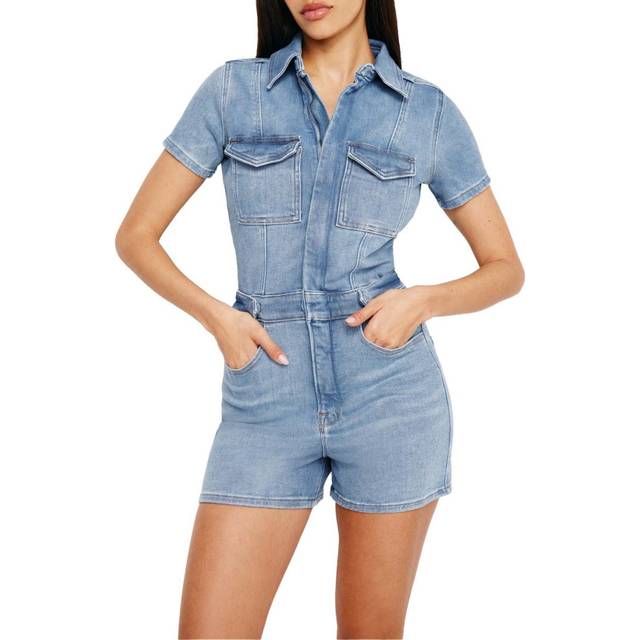 Good American Womens Blue274 Fit for Success Straight-leg Stretch-denim Jumpsuit Xl