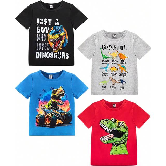 SHEIN 4pcs Young Boy Dinosaur & Letter Print Short Sleeve T-Shirts