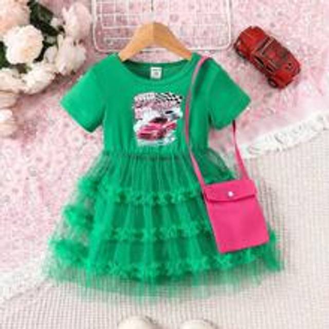 Sommar stickad t-shirt och mesh kjol shorts set med väska för flicka - Grön (6-9M,9-12M,12-18M,18-24M,2-3Y)