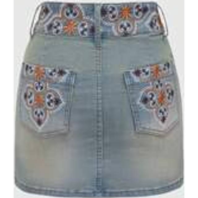 Kvinnor sommar blommig broderi Casual kort jeanskjol - Blå (L,M,S,XS)