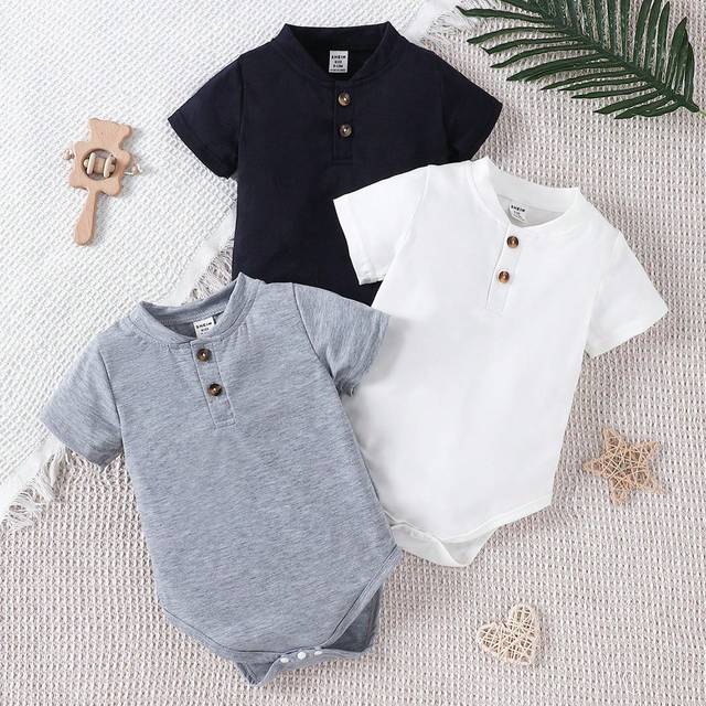 SHEIN Baby Boys&#39; Spring Summer 3pcs/Set Three Color Bodysuit Daily Casual Cute Bodysuit Suitable For Outdoor, Holiday