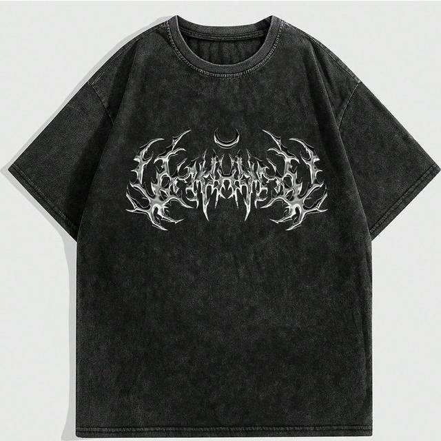 ROMWE MEN Men&#39;s Gothic Font Drop Shoulder T-Shirt, School