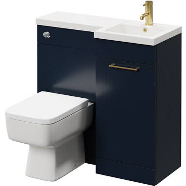 Napoli Combination Vanity Unit Toilet Suite with Right Hand L Shaped 1 Tap Hole Basin and Single Door with Brushed Brass Handle | Deep Blue | Plastic | 900mm