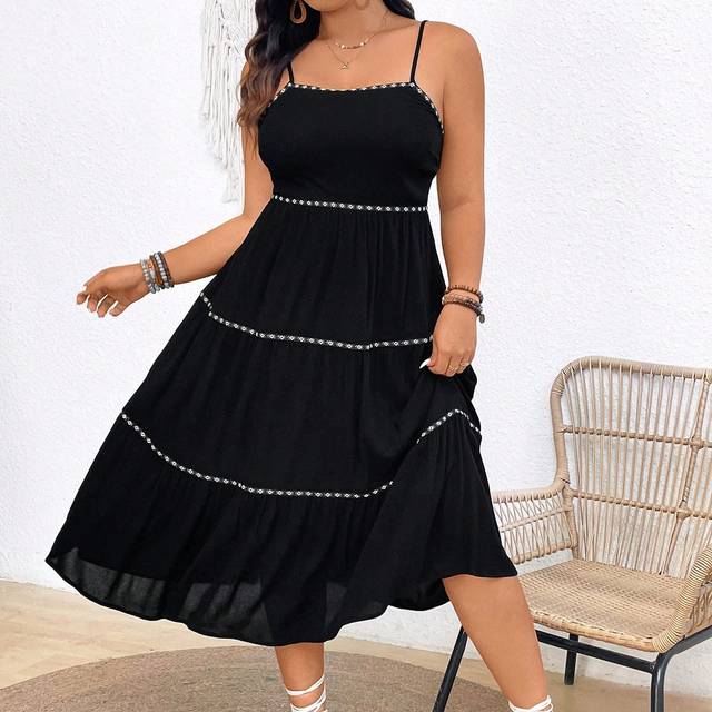 SHEIN Plus Size Vacation Casual Spaghetti Strap Dress With Woven Belt Embellishment,Country,Summer BeachVacation Ribbon Decoration Dress Textured Flowy Fabr