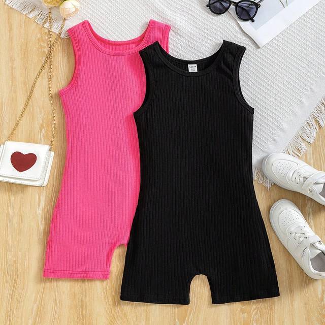 SHEIN Tween Girls&#39; Summer Casual Striped Sleeveless Romper With Round Neckline And Long Sleeves Holiday,Summer,Travel,Getaway