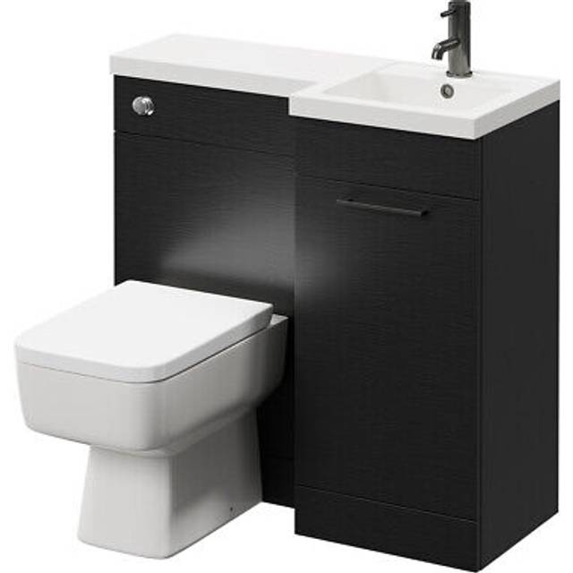 Napoli Combination Vanity Unit Toilet Suite with Left Hand L Shaped 1 Tap Hole Basin and Single Door with Gunmetal Grey Handle | Tobacco Oak | Plastic | 900mm